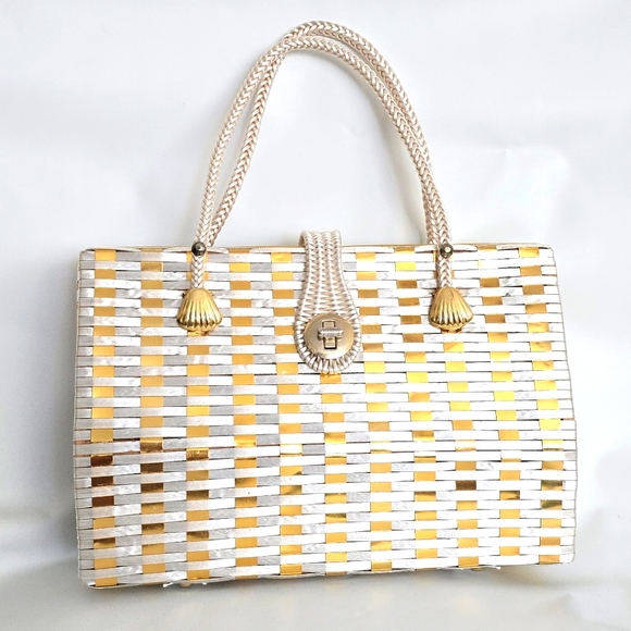 Vintage 1960s Wicker Purse Gold Ivory Basket Weave Metal...